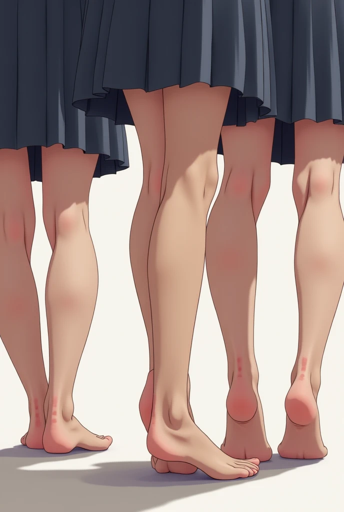 from left to right girls line up in panties, colours from left to right blue red pink purple yellow green, close up of panties, cute panties, orange panties, brown panties, white panties