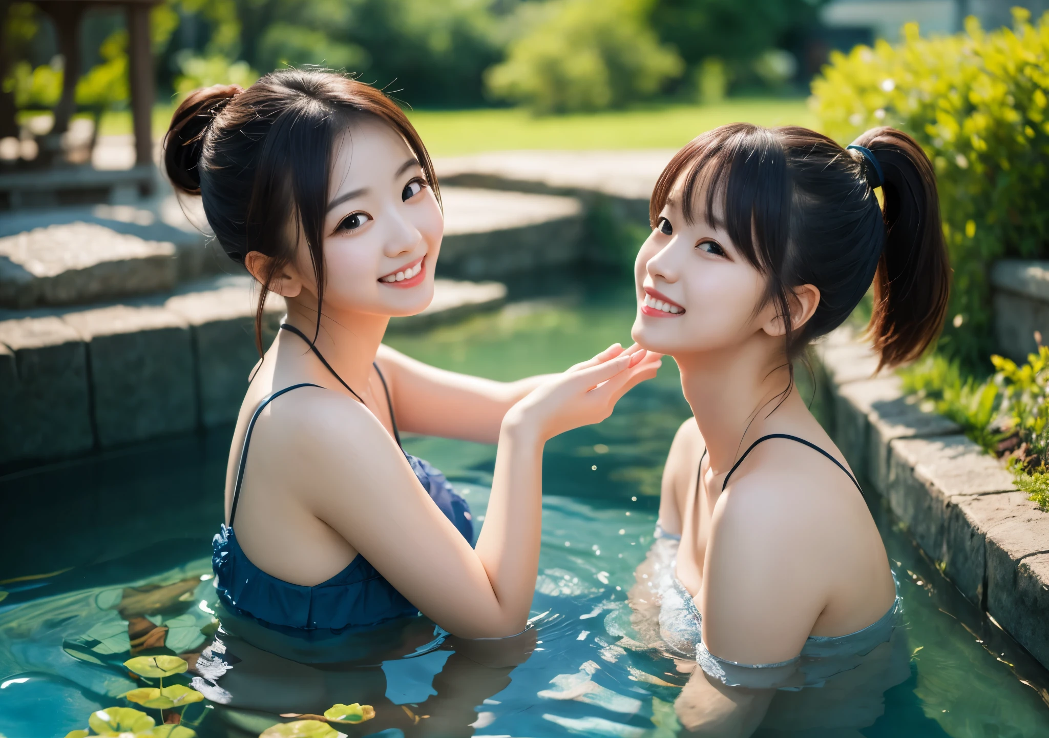 Top quality, delicate details, very detailed eyes and face, ((night))), (open-air rock bath), (white cloudy water), 1 beautiful girl, sweat, ponytail, upbeat cheeks, no makeup, upper eyes, strapless, lighting on figure, (((((background dark)))),seductive smile