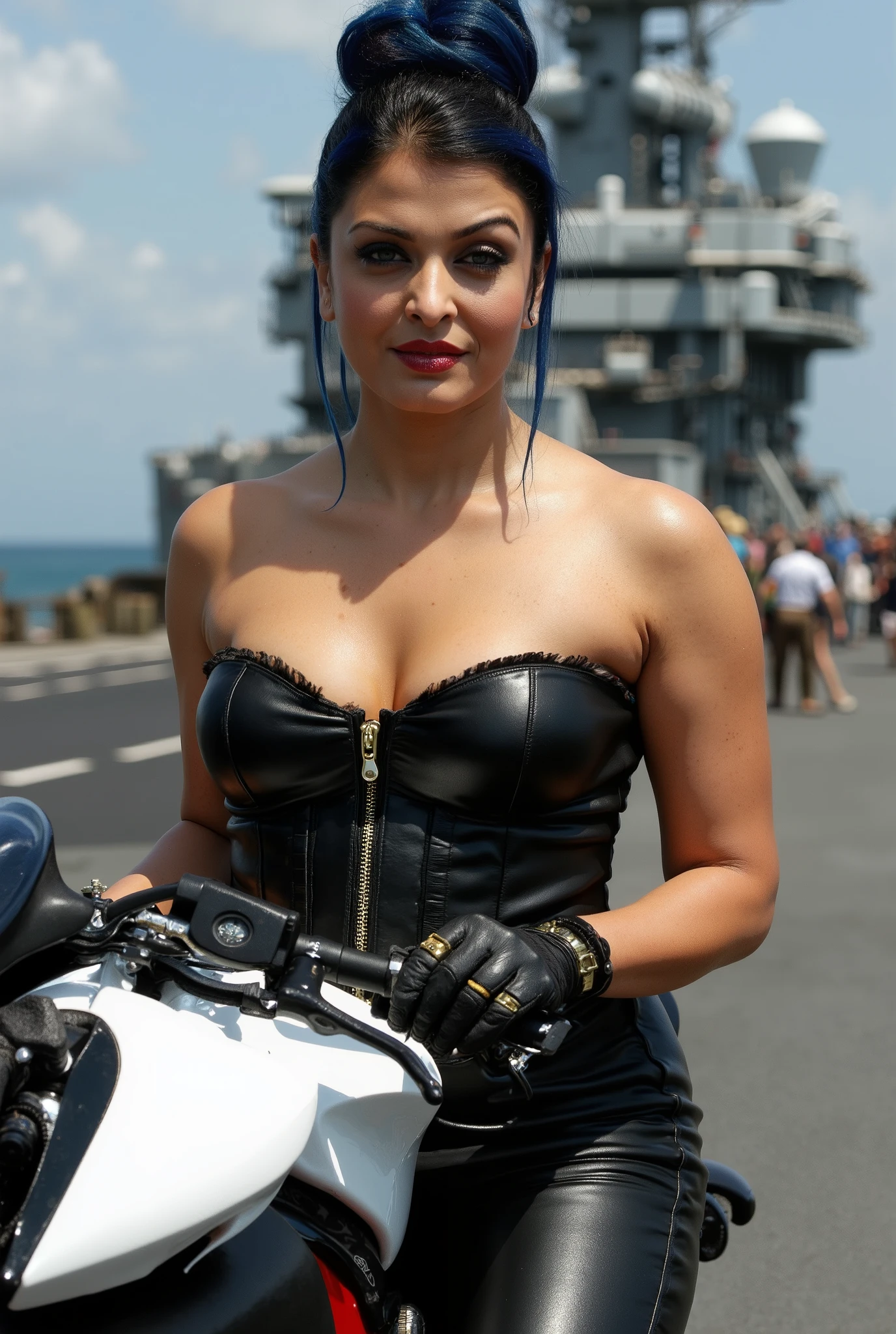 Full body photo of 50YO MATURE MILF AISHWARYA RAI as a SEXY ARMY MILF COMMANDO, WEARING (((BLACK TIGHT LEATHER PANTS WITH ((STRAPLESS)) CORSET EXPOSING CLEAVAGE AND MID RIFF))), ((((DARK SMOKY EYE MAKEUP WITH ARCHED EYEBROWS)))), COMBAT BOOTS, COMBAT GLOVES, KNEEPADS, intricate details, RIDING A WHITE DUCATI PANIGALE onboard an AIRCRAFT CARRIER, ((FLIRTATIOUS SARDONIC SMIRK)), ((MESSY BUN TIED HAIR WITH BLUE HIGHLIGHTED STREAKS)), SUNNY day scene, MATURE CURVACEOUS MILF FIGURE, look straight at camera, bright volumetric lights, intricate details, (ArtStation:1.2)