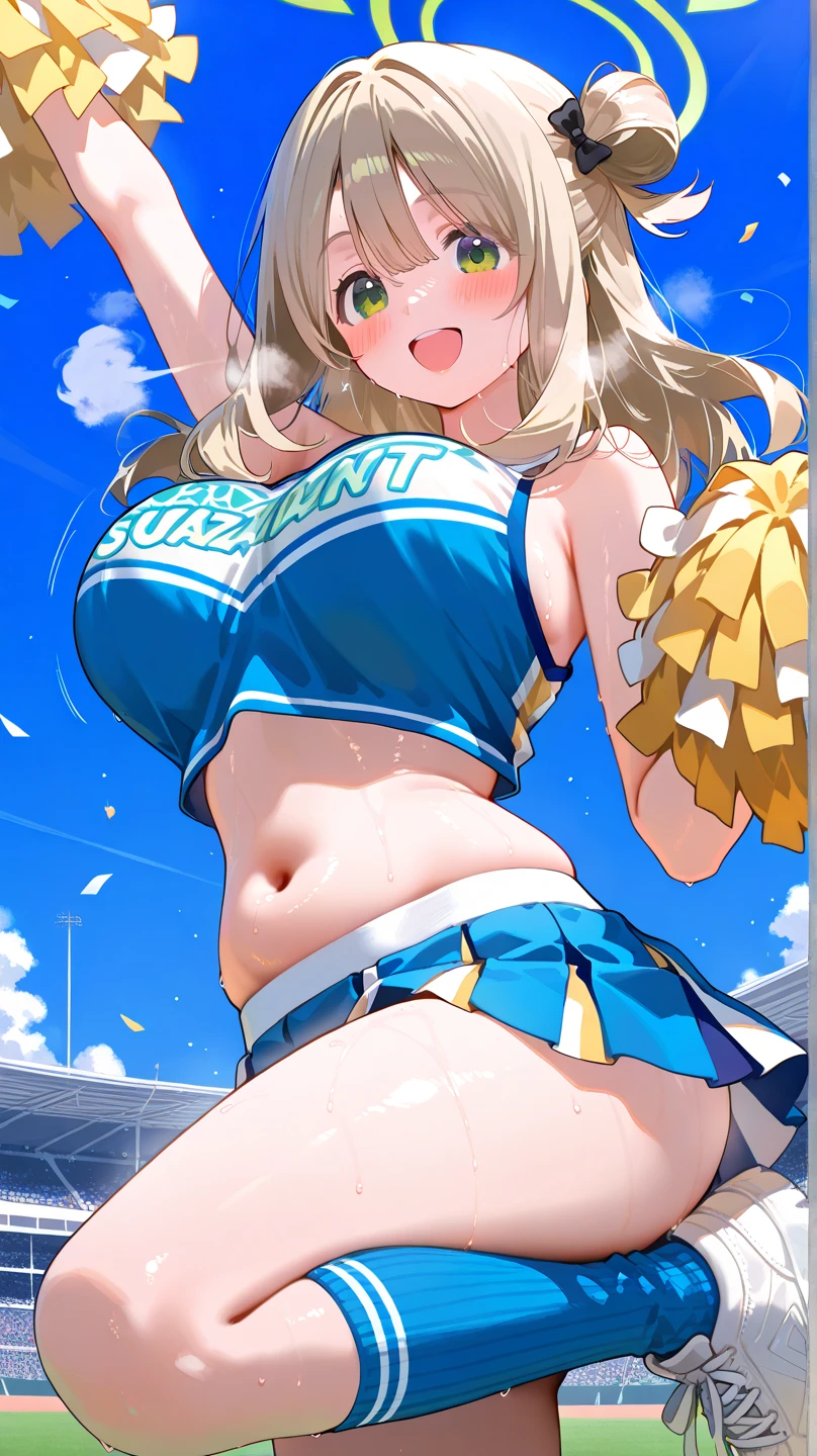 (best quality:1.5, highres, UHD, 4K, detailed lighting, shaders), blonde pigtails, , thighs, , cheerleader outfit, crop top, skirt, , , , , perverted, , , smiling, blushing:1.4, no panties,   , shirt lift, underboobs, jumping, from below view, sweaty:1.3, hands up, armpits, close shot, field background