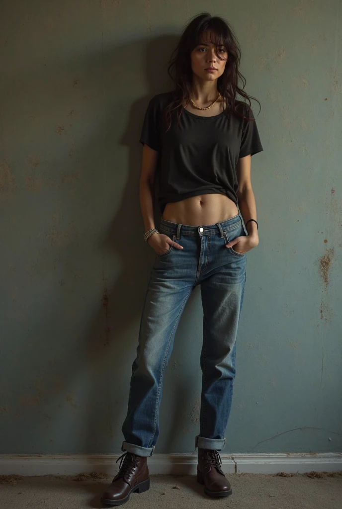 Girl with medium-sized bare breasts wearing loose jeans and high white heels