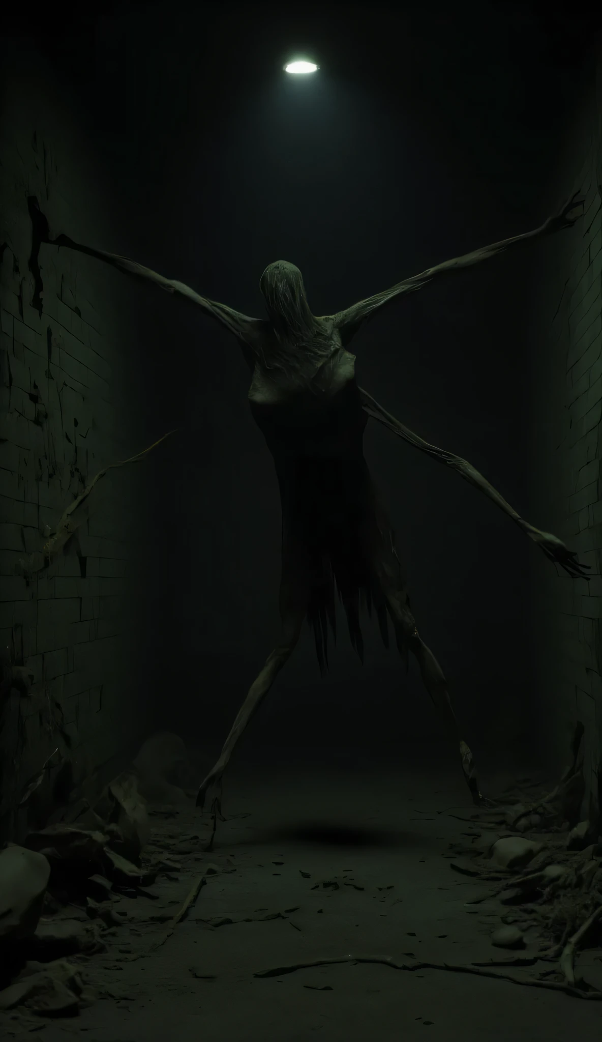A dark hallway with a single flickering light, as a shadowy figure appears at the end, its body levitating slightly, its arms outstretched toward the viewer.