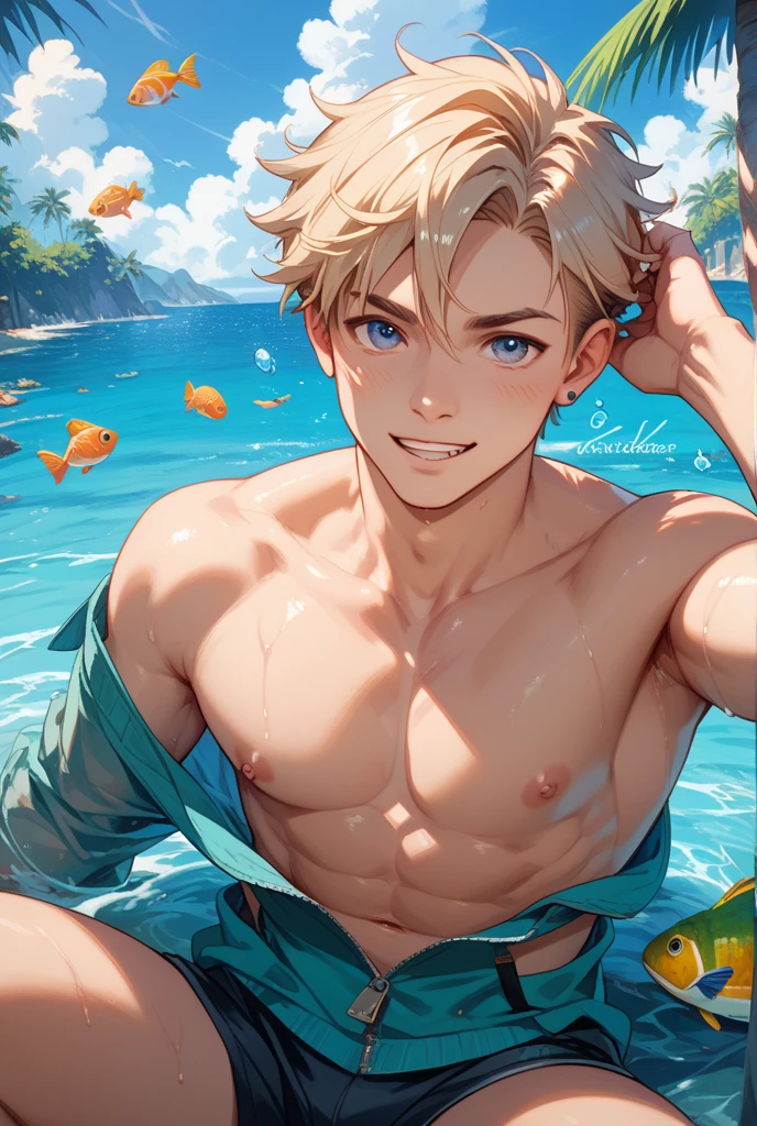 ((masterpiece)),(((best quality))), (high-quality, breathtaking),(expressive eyes, perfect face), 1boy, solo, male, short, young, 18 yo boy, short blonde hair, blue eyes, smiling,,, slim, shirtless, pubic hair, wet, under water, ocean, beautiful scenery, blue sky --auto