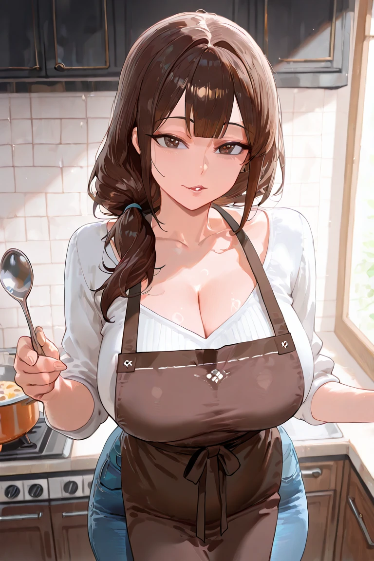 ((Tabletop, Highest quality, High resolution, , Pixel Perfect, 4K,))), One beautiful woman, private teacher、The whole body is visible、 ((Mid-wave hair, bangs, Brown Hair)), ((Brown eyes, Beautiful eyelashes, Realistic eyes)), ((Detailed face, Blushing:1.2)), ((Smooth texture:0.75, Realistic texture:0.65, Realistic:1.1, Anime CG Style)), Medium size chest, Dynamic Angle, Perfect body, (( , , 、White frilly apron, No bra、))、Cooking in the kitchen、、I can see all your pants、Very embarrassing panic smile, 、、、、(Pink floral lace panties are visible、)、Angle from below)、