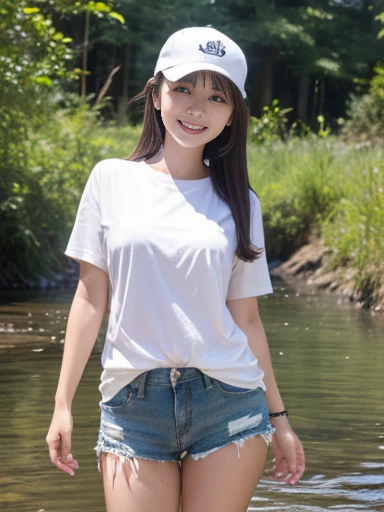 Japanese、18-year-old、Very slim、((Smiling))、Summer clothing、Blue sky、White cloud、sunflower、Straw hat、T-Shirts、Shorts、short hair