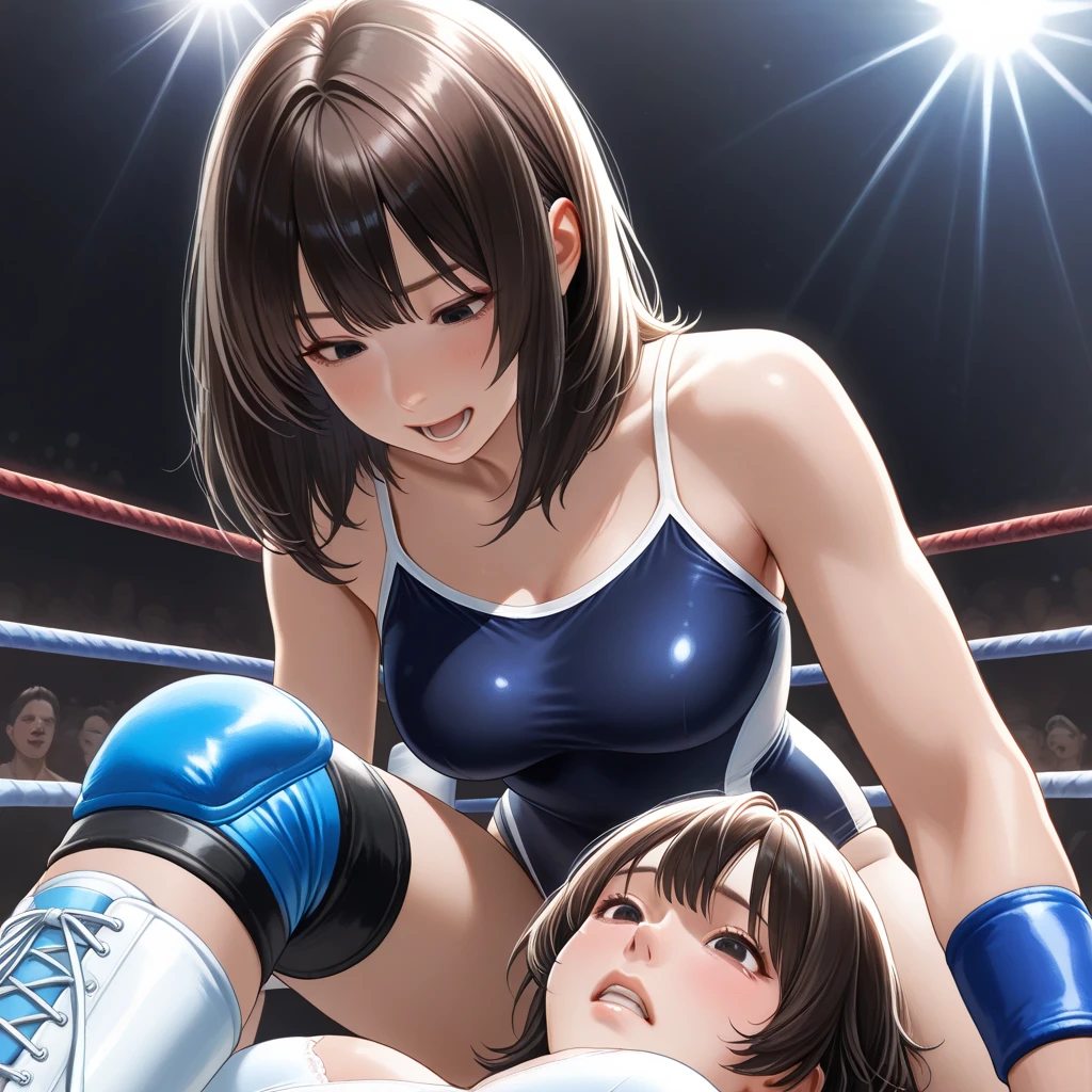 Pro wrestling technique, sleeper hold, painful, thin face, European, mature, adult, beautiful, realistic, human, Japan, beauty, beauty, eyes are big, clear, crisp, cute, costume, erotic, professional wrestling, one girl, costume, costume, realistic, super definition, thighs thick, glamorous