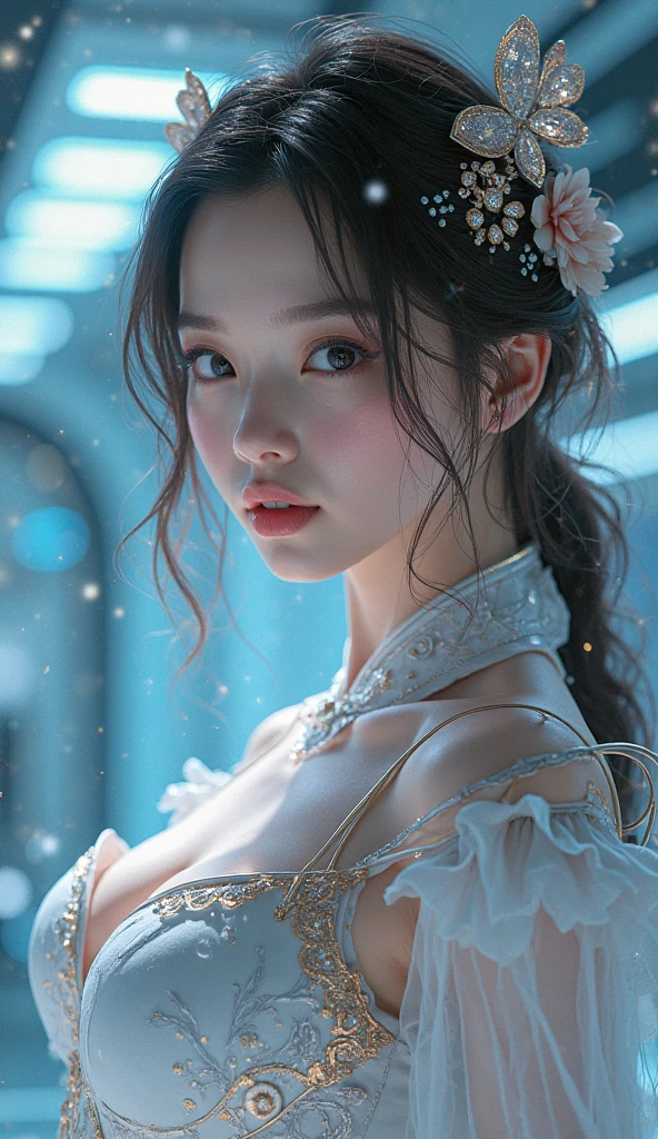 ((最高masterpiece,Ultra-high resolution, high resolution, 8k, Fractal Art,Octane, Fantastic,Aesthetic,Intricate details))
This is a realistic fantasy art piece featuring a realistic Goddess of Light, Fractal Artが美しい,A faint swirl of smoke, And the goddess with her beautiful Nordic features makes for an interesting composition.,A woman with a spiritual inspiration that seems to emerge from the depths of darkness,she face is expertly sculpted, Elegant and sophisticated features with perfect shading and realistic skin texture. sheのヘアスタイルは未来的なFractal Artを模している,Extremely innovative,she (White and crystal eyes) It's wonderful.、It is the focus of this image. (she eyes extremely detailed, Beautiful attention to detail, macro). she eyes feature intricate detailing with clearly defined irises and bright sclera. sheはクラシックな模様のロングドレスを着ている,Long sleeve,詳細で宝stoneで作られたドレス,soft lips are smooth and very puffy, sheの肌は淡い紅潮と華麗なクラシカルな模様で飾られている. she long gown is stunning and expensive, Made of pure flame and brilliant light,光の中できらめく華やかな宝stone. she billowing gown glitters from the flames and features a delicately and intricately embroidered bodice with wisps of flames running across it. Include fantasy elements such as bumps, stone, Fiery Iris, silk, And an interesting background. Include magical creatures such as birds and butterflies that give off a magical and mystical aura.. Lighting: Enhance your artwork with the latest lighting trends. camera: Use dynamic composition to create tension and excitement. Take inspiration from current masters of the fantasy genre, Including popular artists on Artstation and Midjourney. ((masterpiece))