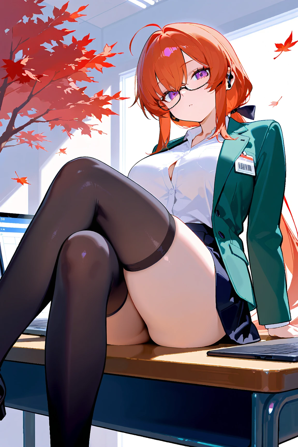 masterpiece, 8k resolution, nsfw, supreme quality, extraordinary creation, unparalleled craftsmanship, futaba sakura, sitting in front of her computer, green jacket, white shirt, strapless, bare shoulders, black shorts, thighhighs, knees bent, feet on chair, looking at viewer, mouth closed, sly smile,