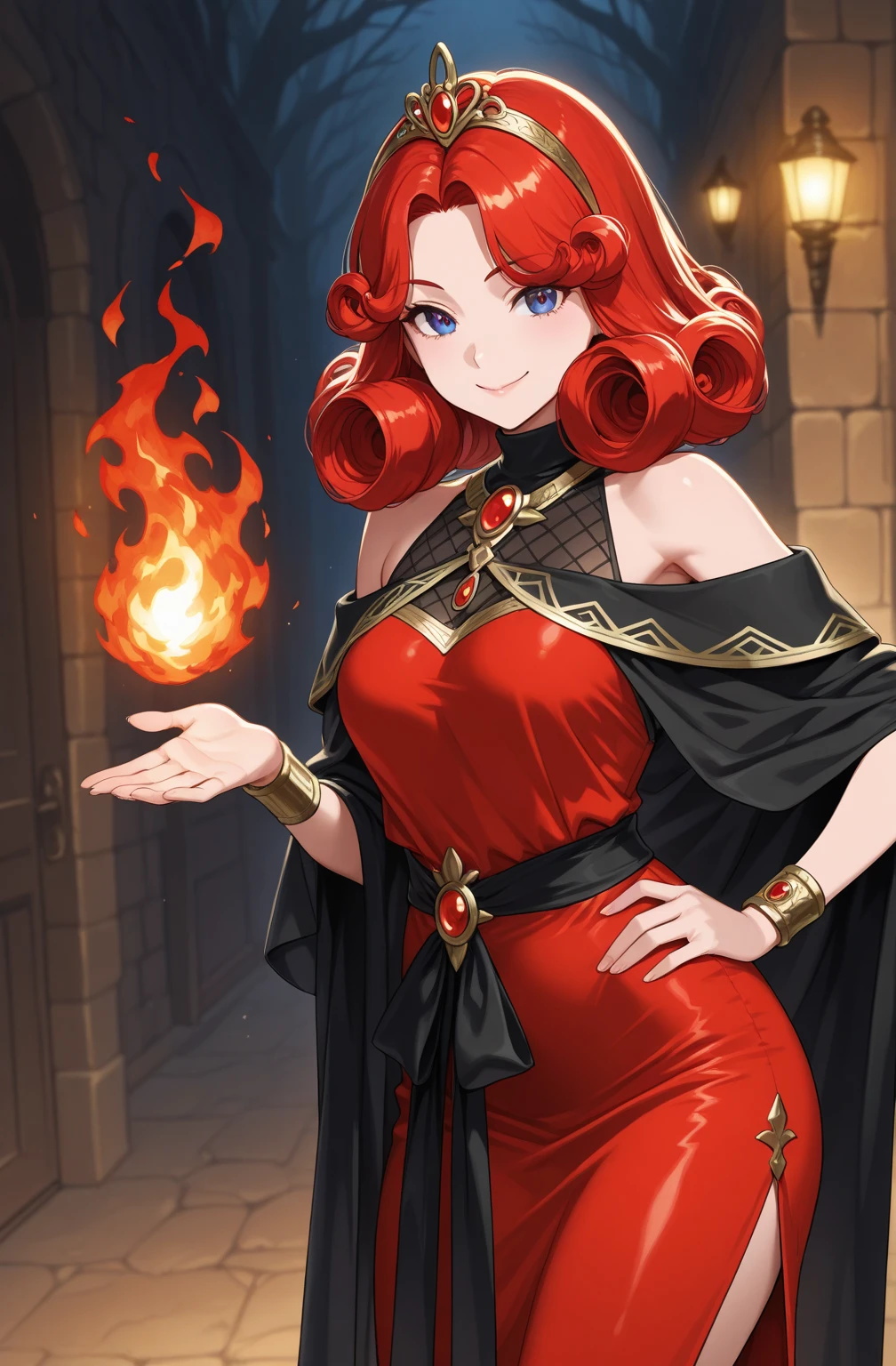 (highres,masterpiece,detailed) 1woman, 21 years old, royal hairstyle, peach hair color, red eyes color, curvaceous figure, wears a mage dress, playful smile, open mouth, mage, princess, royal, hand on chest, castle room background, portrait, masterpiece, best quality