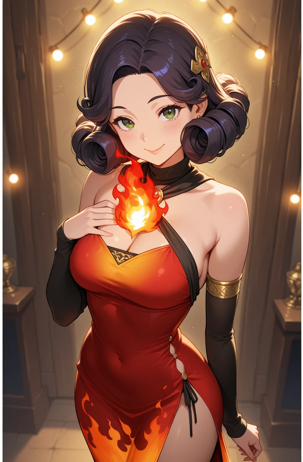 Emerging from the flames of hell、She wore a bright red mini see-through dress.、Goddess of Fire、A provocative smile with tongue out