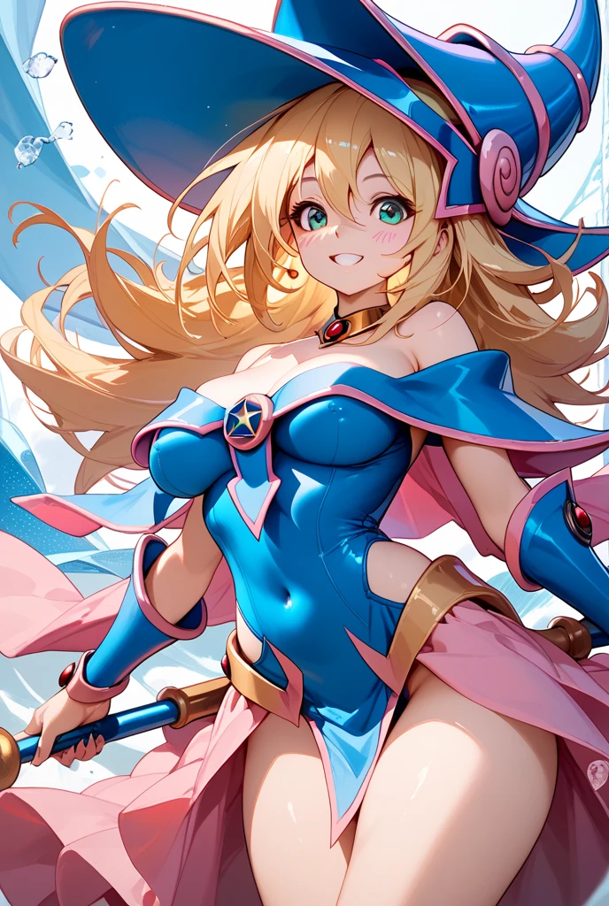 Ereshkigal in the series of destiny levitating in the grass under a tree looking at the viewer looking on smiling, feliz, winking, blowing a kiss with a beautiful mountain landscape behind her from a distant view