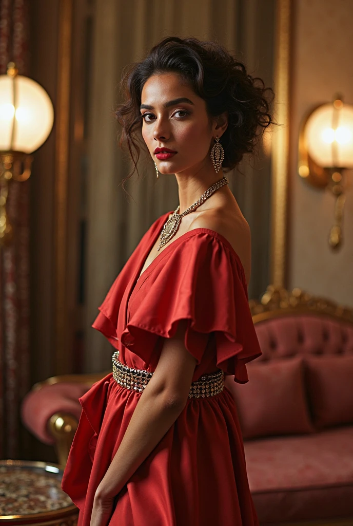 In this photograph, an Indian Instagram female model in her mid-20s sits elegantly in a luxury chair, commanding attention. The background, a 5-star hotel setting, adds to the moody ambiance of a private study. Captured by Lee Jeffries with a Nikon D850 and 4 Kodak Portra 400 film stock, the image boasts rich colors, hyper-realistic details, and lifelike textures. The model wears a stylish check red and white dobby weave self-design fit & flare dress, featuring a sweetheart neck, short puff sleeves, and tie-up detail on the back, enhancing its allure.
The dress flows gracefully above the knee with a flounce hem, crafted from chiffon fabric with an attached lining for comfort. Completing the aesthetic, the model wears a slave collar with a chain around her neck, adding an edgy contrast to the elegant ensemble. Meticulously captured in 8K resolution using cutting-edge techniques such as Cinema 4D and Octane Render, the photograph exudes a highly detailed and photorealistic quality. Studio lighting, HDR, and a smoky mist further enhance the captivating ambiance, while the bokeh effect adds an artistic touch to the composition.