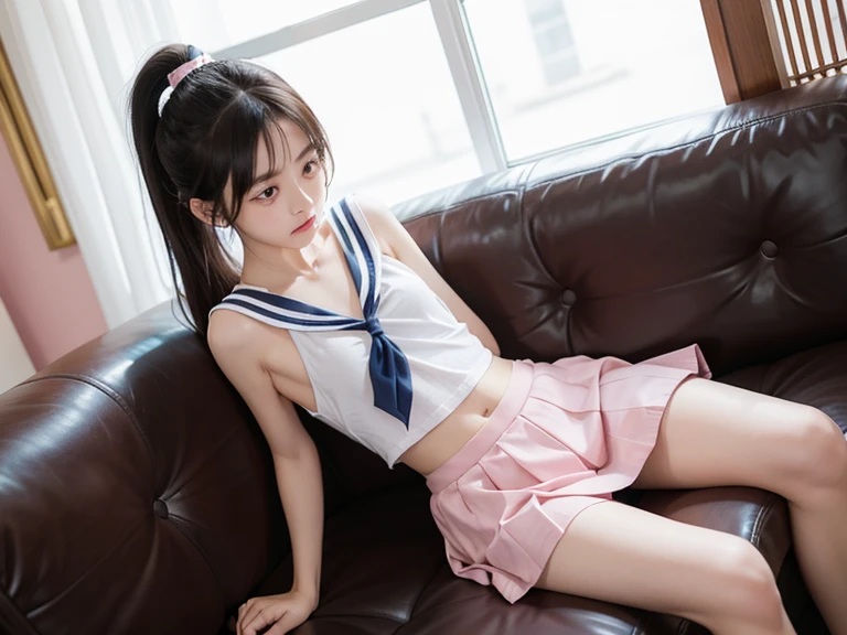 Alafed cheerleader posing dynamically with large pom-poms in both hands in sandy beach, Photos of very beautiful Nordic-born girl, A beautiful young girl with blonde twintails wearing a sailor uniform is leaning on a fluffy white sofa, spreading her legs and showing us the crotch of her panties through the gap in her skirt,The lace bra is visible, white bikini shorts, panties made of lace material、 Nipples are see-through, Panties are sheer, too small underwear, camel toe