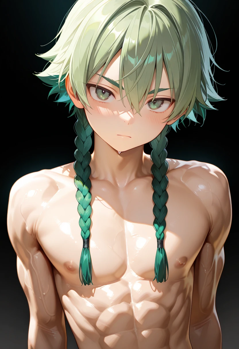 (hyper-realistic digital illustration), hires, best quality, boy wearing micro black thong, see-through black thong , front view, lying on his back, holding legs raised, athletic body, (white skin), bare chest, flat chest,(long green blue hair scruffy ), determined expression, small waist, muscular.
