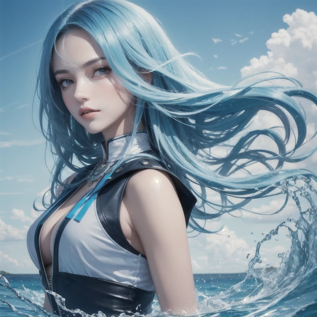 a half-length portrait of a woman made of water, half-body submerged in water, in a lake, turquoise hair representing a waterfall, wet, drops of water on the face and body, natural body posture, rain, Art of Alberto Seveso, symmetrical, abstract art style, complex and intricate watercolor painting, sharp eyes, digital painting, color explosion, concept art, volume lighting, TanvirTamim, metallic reflections, 2d rendering, 8k. by artgerm, trending on artstation
