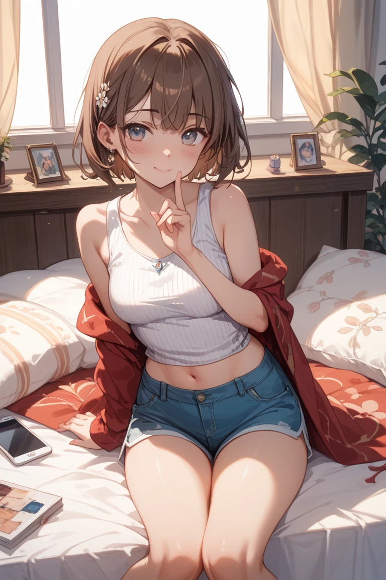 chibi character,(brush),((cute,kawaii,wonderland)),((Fan:1.1)),(Relaxed state:1.3),((Sitting on the floor:1.1)),((Living room of an ordinary home:1.15)),((Short sleeve、Shorts、Summer clothes:1.2)),Top view,(Curly hair、wave:1.3),