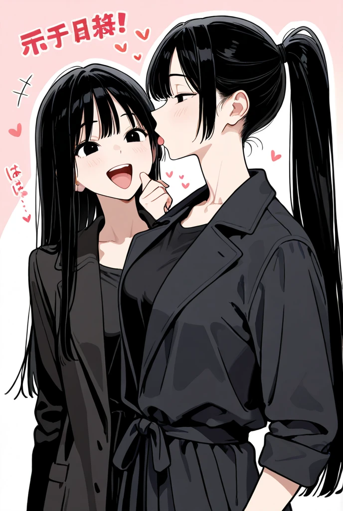 Two young womens, long black hairs, yuri, lesbian
The first young women black eyes wear a pink suit, black shirt, black pencil skirt, black underpants, black tights, black gloves, white socks, white sneakers high top.
The second young women black eyes wore a grey suit, black shirt, black pencil skirt, black underpants, black tights, black gloves, white socks, white sneakers high top.
hugging kiss, french kiss, lesbian kiss, kissing, closed eyes, black grey sky, night sky, cartoon novel, 4K, HD