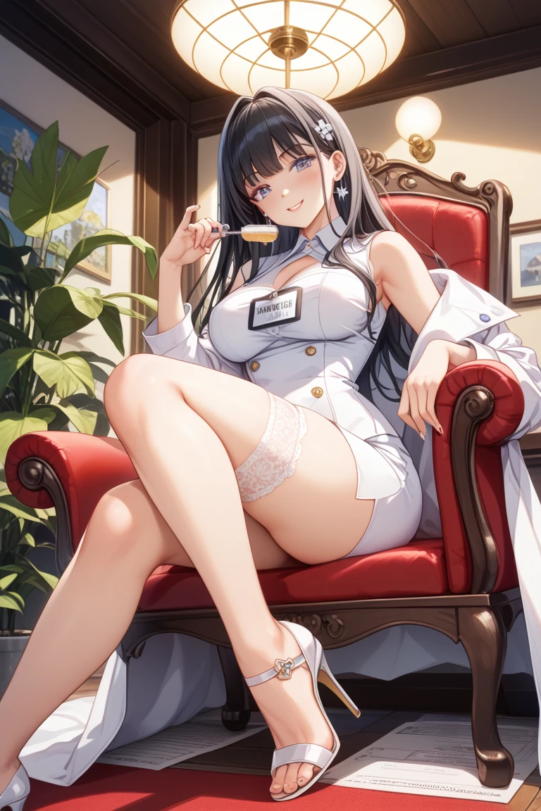 a close up of a woman in a white dress sitting on a chair, gorgeous chinese models, Smooth translucent white skin, Japanese goddess, smooth white tight clothes suit, trending at cgstation, cute elegant pose, Chinese girl, trending on cgstation, seductive anime girls, Milky white skin, Sexy pose, pale milky white porcelain skin, Korean girl, Anime girl cosplay,transparent costume,The chest is large,Very large breasts