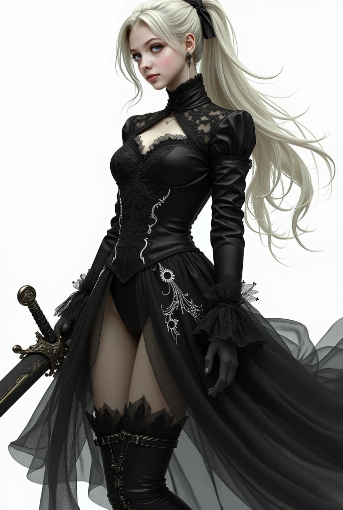 ((best quality)), ((masterpiece)), (detailed), 1girl, off-shoulder, Character design, female, dynamic poses, long white grey hair, grey white eyes, very skinny, detailed, best quality, no accesoires around the neck, no shoes, prominent collarbones, skinny arms, flat stomach, visible hip bones, full body, blank white background, plain background, white background, red and white clothing, Bloodborne inspired, occult aesthetic, occult, detailed and intricate steampunk and detailed gothic, NSFW, Very dramatic and cinematic lighting, cosmic horror, grim-dark, side-lighting, perfect face, NSFW, Fluttering lace flared long knee length dress with frilly petticoats, knee length dress, pleated petticoats, petticoats gothic, complex lace boots, side-lighting, gothic lolita aesthetic, wielding a mighty sword with mechanical components, mandalas, small breasts, a fairy, various different types of insect wings, NSFW, full body, whole body, body, plain background, white background, blank background, no background, white background NSFW, chains, full body, whole body, head-to-toe NSFW, oil painting