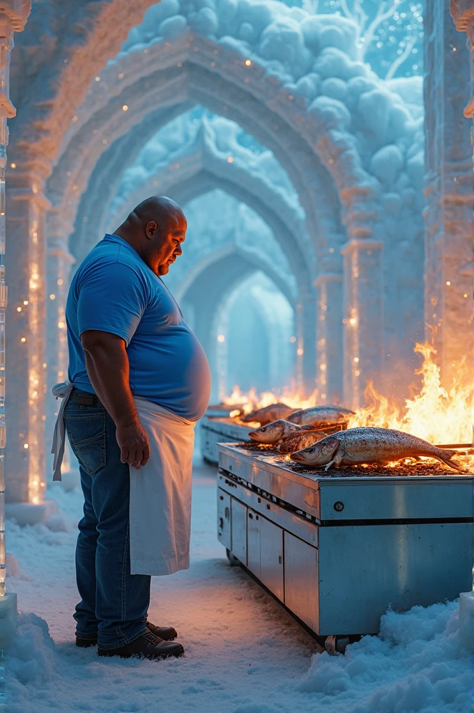 "A hyperrealistic conceptual painting of an overweight, hairy thor cooking in his underwear, wearing a dirty apron, in a kitchen designed by architect Zaha Hadid. The kitchen is open-plan with a central island, featuring sleek, curvaceous lines and futuristic architecture, typical of Hadid's style. The superhero is depicted with exaggerated, comic-book-style features, blending elements of hyperrealism and pop art. The scene is vibrant and playful, with modern kitchen appliances and unique, fluid shapes that define the space, adding a humorous contrast between the superhero and his surroundings."