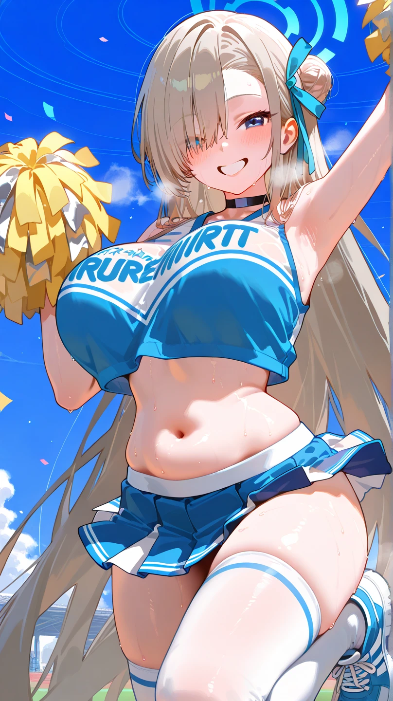 one woman,high school girl,big breasts,Belly exposure,highest quality,Super high quality,Cute face,cheerleader,Cheerleader,underboob,Breasts fully visible,sweat all over,nipples are visible,Angle from directly below,erect nipples,