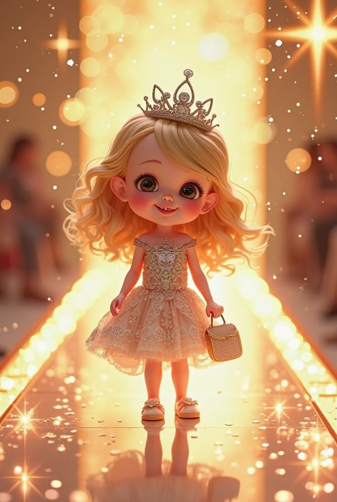14k, full body, A walking human baby,Wearing a long pink dress、Gorgeous、Princess、The shoes match the dress、A glittering crown、Lovely long hair、Smiling、ボリュームのあるドレスAn audience taking photos and clapping., bright fashion showroom, seated audience, diagonal shot --v 6.1 )