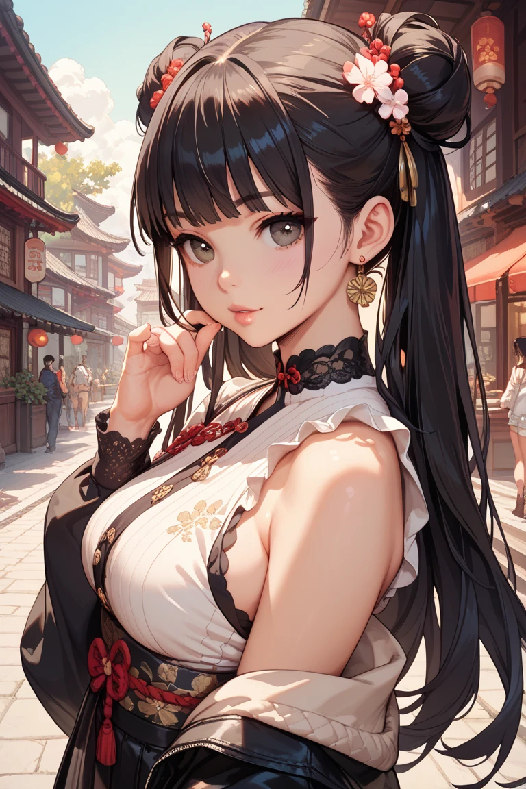 portrait of woman ,20yo,chinese,upper body,chinese clothes,Shanghai street,cinematic lighting,fighting pose,