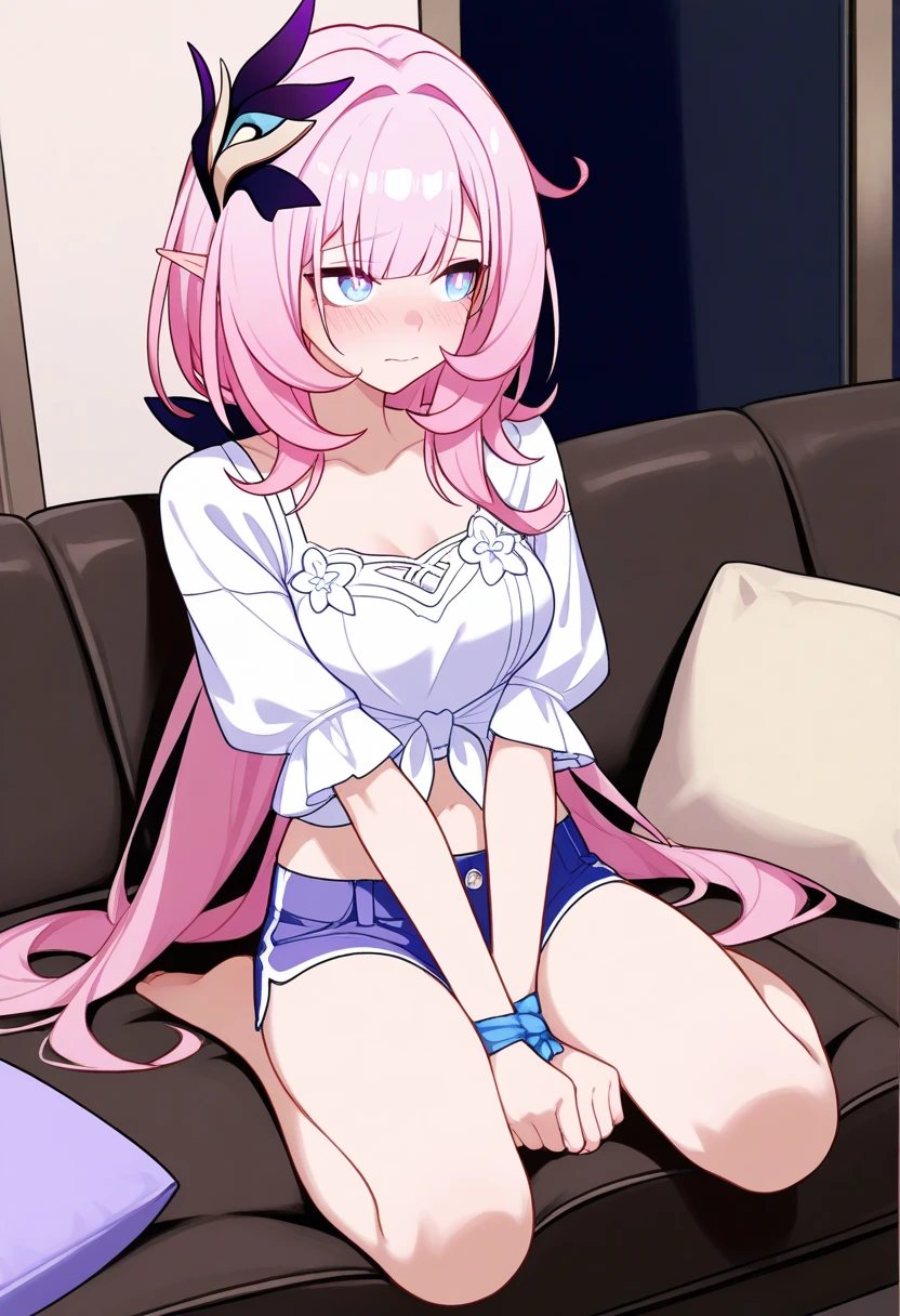 Girls with pink hair, long double-tailed hairstyle, ((small pink bushy eyebrows)), dressed in lolita clothes, marked vagina, lolicon (Zankuro) drawing style by zankuro artist, ザンクロー style, image uploaded to R34, change of clothes in a room, semi naked with underwear in her hands looking away, without looking at the camera, flirtatious smile, lying on a armchair with her legs open, posing lying on a sofa stool, another person recording her with a camera, flirtatious smile, sitting on a penis, lying on her side, looking with her ass at the camera, 