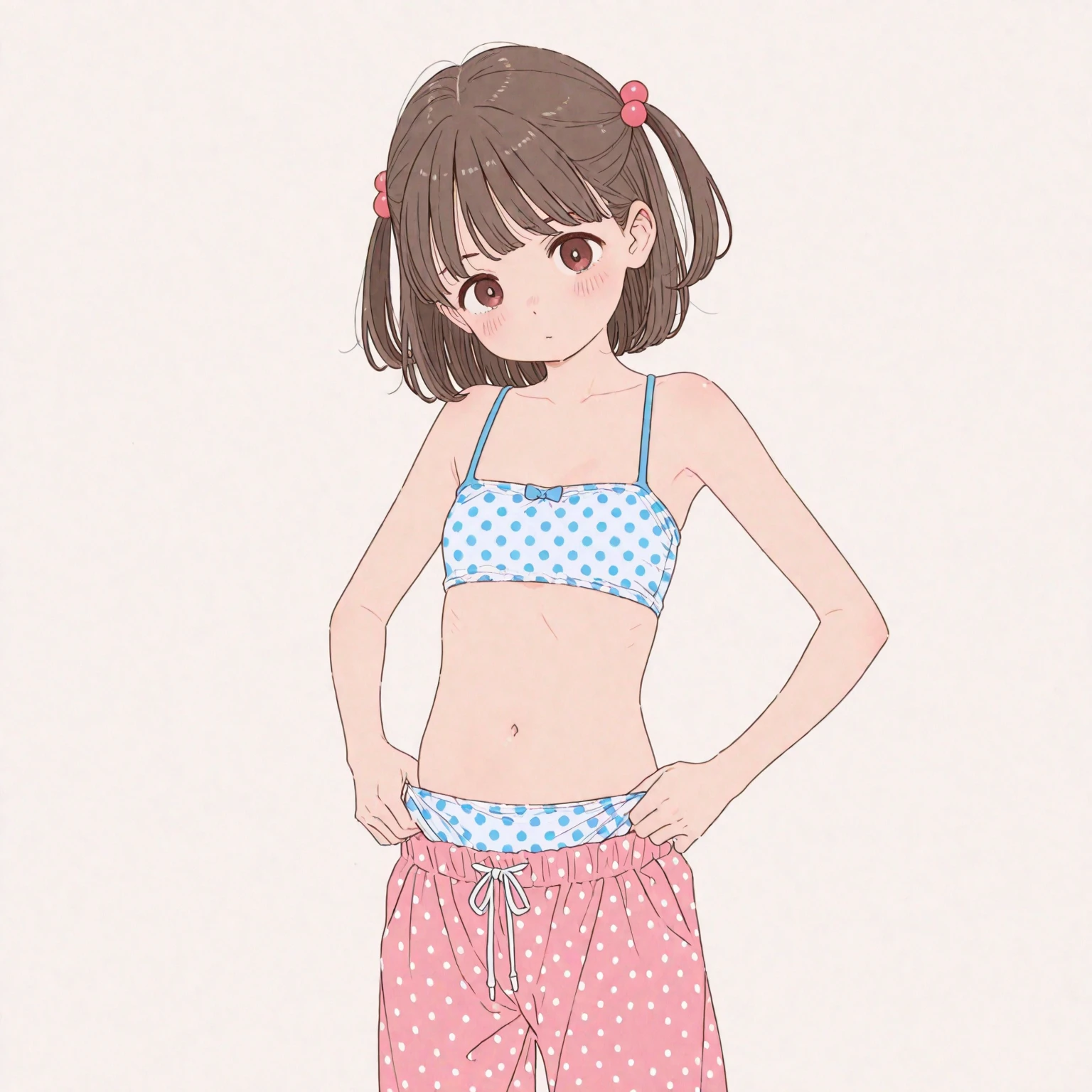 A beautiful boy with long hair, a fifth grade elementary school student, is standing wearing swimming trunks with the word arena and a mark on them.。