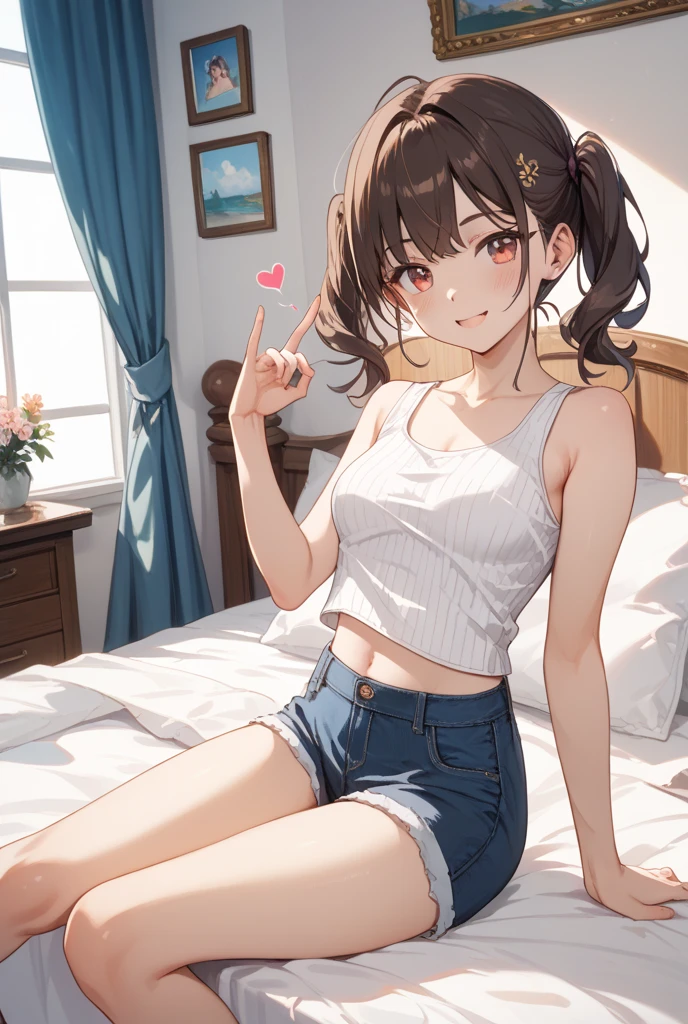 Highest quality、Elementary school student bra、Beige shorts、Cool look、Stretch your legs in the room、Armpit sweat、Grass、Ecstasy face,(Attractive person), (1 girl), (Highly detailed face, smile) ,, (Japanese Girls), Slightly round face, cute, Big eyes、2D,Highest quality,(masterpiece),(((whole bodyが映る))),(((whole body))),Twin tails up to the shoulders,((Amber brown hair)),((Beach Waves)),Healthy brown skin,((Denim hot pants)),「cheap」In a pink tank top,Shining bare feet,barefoot,Beautiful brown eyes,Attractive thighs,Sloppy body type,Bedroom,get drunk,Superior,cheeks are bright red,Sexy as hell,Erotic look,Sleep with your legs stretched、My Room