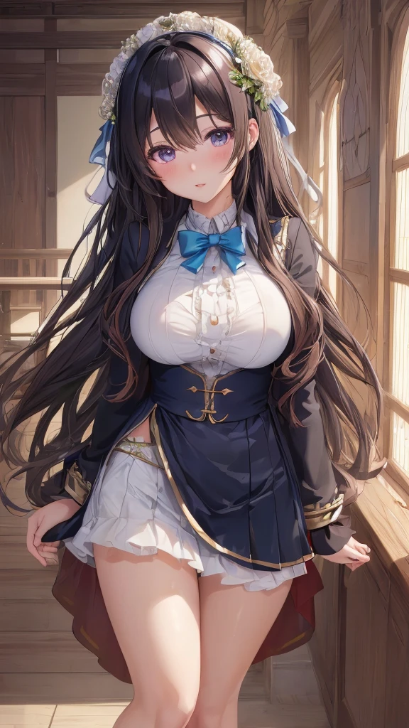 Long Hair, Blue eyes, Brown Hair, Ribbon, Large breasts, Anime, Folded Ponytail, cleavage, school uniform￼