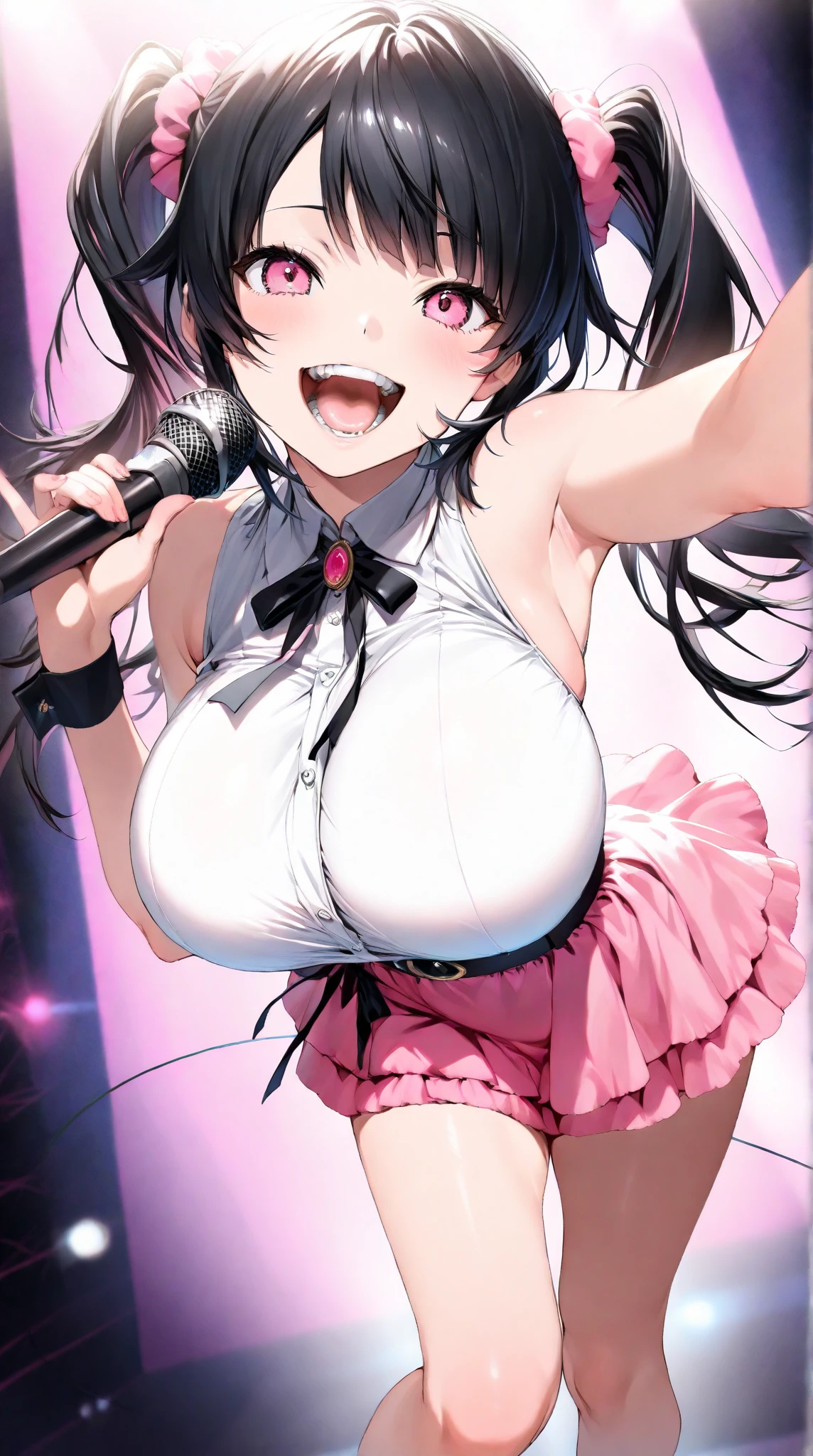 adult woman、exact number of fingers、Exact number of legs、Exact number of arms、bangs, ribbon ponytail, brown hair, (blush:1), (put one hand in your panties:1.8), fingering, (pussy juice:1.2), cum in mouth, (A woman is holding a microphone and is about to sing:1.5)、white and navy idol costume、That costume includes a navy blue idol-style corset., That costume has a ribbon on the collar.、The costume covers the shoulders, sides, upper arms, and arms., That costume only opens wide at the chest.、high socks、white idol style skirt, (Detailed and luxuriously decorated underwear:1.3), Ribbon at collar, (White and pink panties with lots of lace:1.3), white lace bra:1.2), sexy underwear, Thighhighs、 beautiful big breasts, (erect nipples:1), the skirt is turned up、highest quality, High resolution, (detailed and beautiful eyes:1.6), highly detailed face, perfect lighting, Very detailed CG, (perfect hands, perfect anatomy),embarrassed expression、The expression that you are holding back from going to the toilet, (sexual pleasure expression:1.4), (expression of agony:1.2)、close your eyes、sexy look、look upward、mouth half open、Climax、(live stage、a lot of spectators:1.3)、whole body、nipples are visible