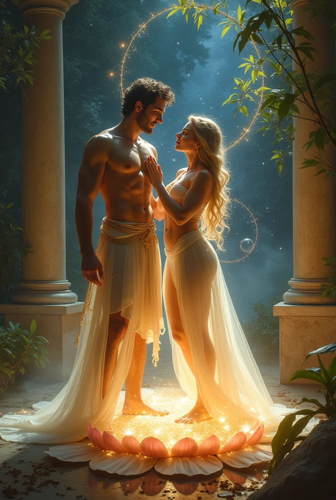 (best quality,4k,highres,masterpiece:1.2),ultra-detailed,realistic:1.37,Arabian Nights-like romantic palace with luxurious decorations and a garden adorned with roses. In the midst of it, a handsome tall young man and a cute petite girl are hugging each other happily. The night sky is filled with a crescent moon and a galaxy, while the golden desert stretches out. The overall scene is filled with a lyrical ambiance.