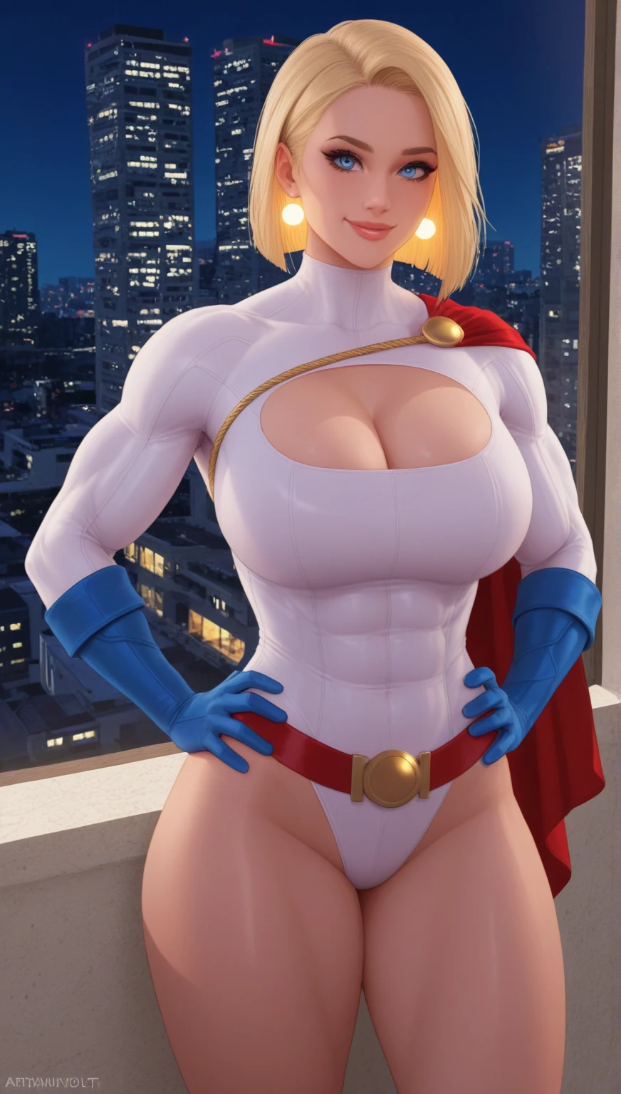 (Masterpiece, 4K resolution, ultra-realistic, highly detailed), (White costume superhero theme, charismatic, girl on top of the city, wearing white DC power-girl costume with cleavage, superheroine), (((gigantic breasts, sagging breasts))), [((23 years old), (long white hair:1.2), full-body, (blue eyes:1.2), (Power-Girl dynamic poses), (above the sky, flying, clouds), (full moon)