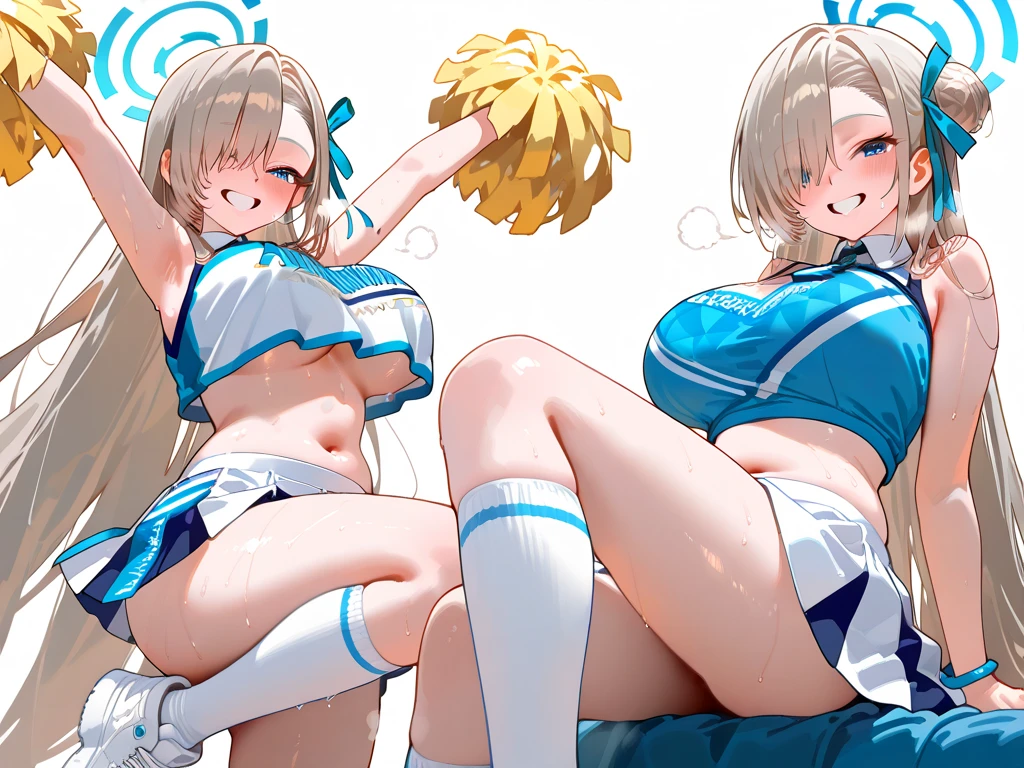 (masterpiece:1.6),(high quality:1.4),(very high resolution:1.4),perfect anatomy, absurdres , absolutely resolution,(incredibly absurdres:1.2),(highres:1.2),(ultra detailed:1.2),
break,
(2girls:1.4),(gyaru:1.2),(cheerleader:1.4),(embarrass:1.3),(blush:1.2),(asymmetrical_docking:1.6),(symmetrical_docking:1.6), small breasts, (see-through nipples:1.2),(leg_up:1.2),(pleated_skirt:1.4),(miniskirt:1.2),(open_skirt:1.2),(cameltoe:1.2),(white panties:1.2),(pantyshot:1.3), wet, dynamic angle,(from_below:1.3), night,stage, pubic hair