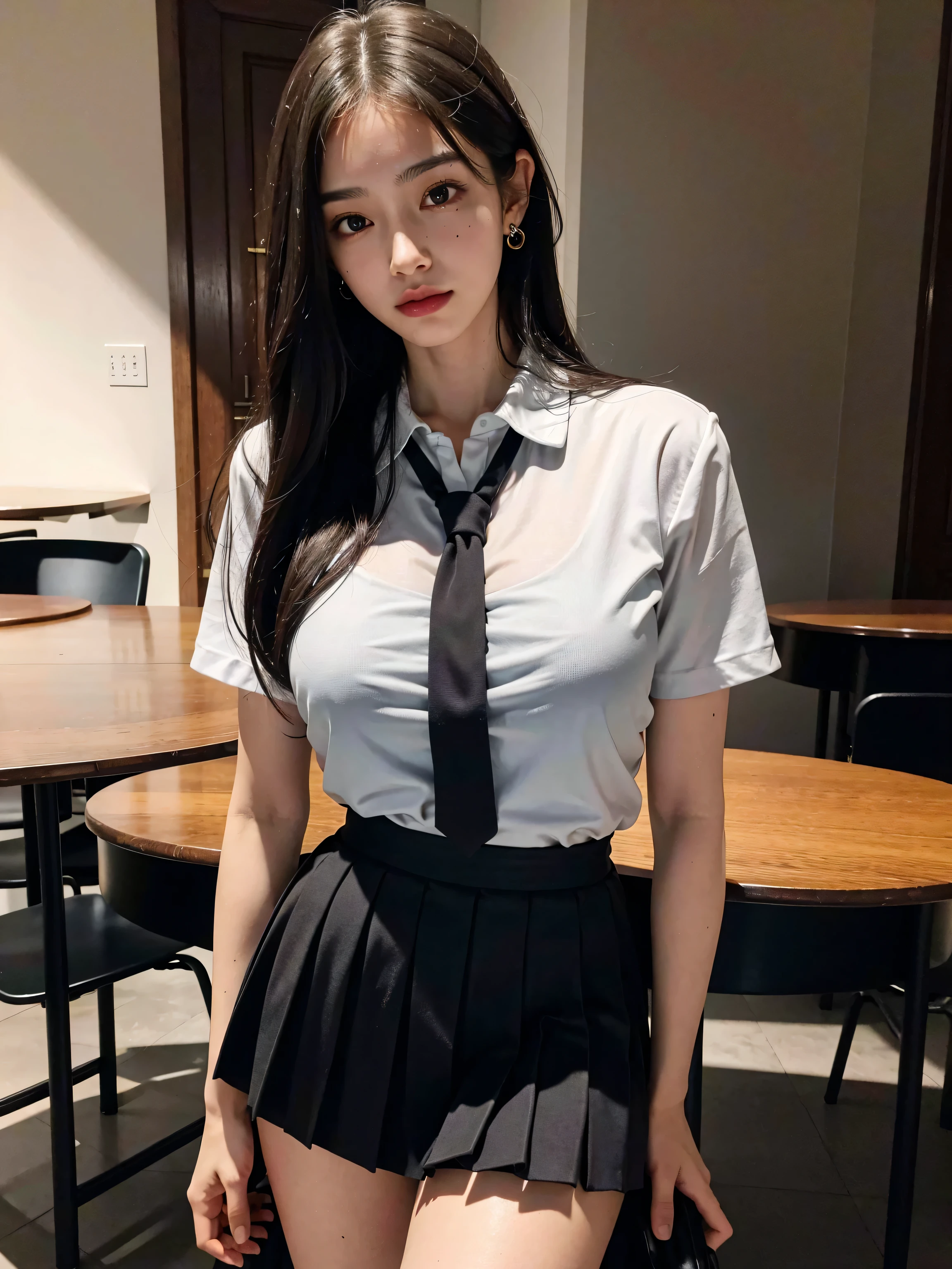 absurdres, RAW photo, extremely delicate and beautiful, masterpiece, Best Quality, ultra high resolution, 32k, hyperrealistic, ultra-detailed, perfect anatomy, perfect figure, super Detailed skin, Very detailed CG 8k wallpaper, in her 30s, very Slim body, narrow waist, very small head, very small face, delicate facial features, tearful mole, earring, thin legs, (very huge round breasts:1.2), full body shot, 1 girls, short hair, (wavy hair:1.2), (wet clothes:1.1), (school uniform:1.2), (blazer:1.1),