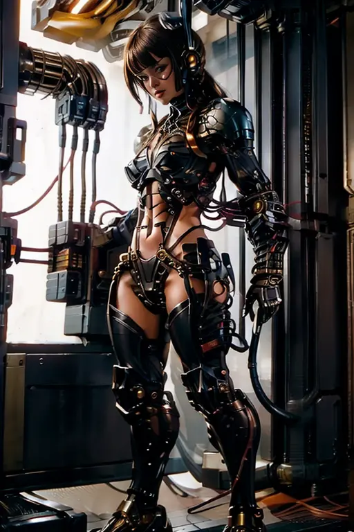 A full-length figure of a cool girl wearing a detailed steampunk armored suit. Exposed wiring, lots of cords and tubes connecting to the system.