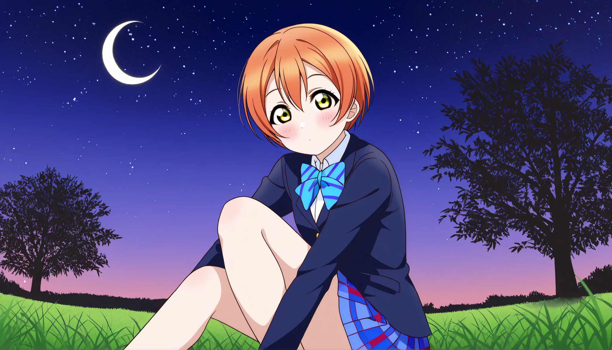 1girl, hoshizora rin, striped, short hair, blush, otonokizaka school uniform, lovelive_rin black blazer, blue plaid skirt, blue stripe bowtie, orange hair, very short hair, hair between eyes, yellow green eyes,knee up,crescent moon, stars (sky),looking at viewer,outdoors, sky,grass,tree,