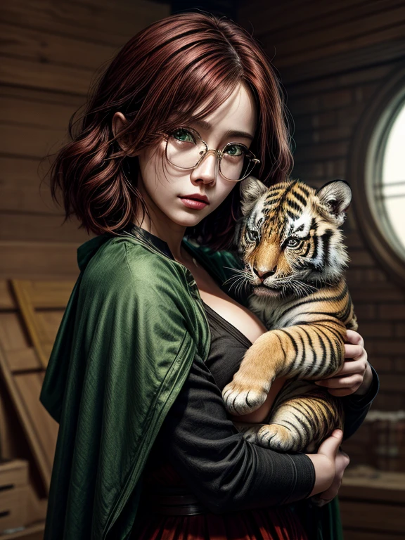 Short, Red hair, green eyes, young, cute woman wearing metal frame glasses, with size 2 breasts, in a red dress holding a tiger cub, Ruan Jia and Artgerm, Artgerm and Ruan Jia, Inspired by Lan Ying, inspired by Pu Hua, extremely detailed art germ, artgerm and Rossris, fantasy art style, In the style of Artgerm, Artgerm in detail, :: Rossris