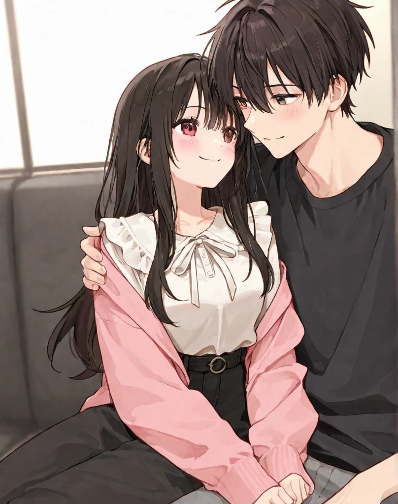 (A man and a woman hug as they sit on the couch in the living room),(Man1,30 years old,black hair,red eyes,black t-shirt,happy,smile),(Woman1,30 years old,long black hair,red eyes,crying,white blouse),retina,masterpiece,ccurate,anatomical correct, textured skin,super detail,high quality,high details,best quality,highres,UHD,1080P