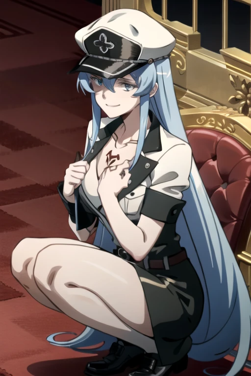 masterpiece, high quality, best quality, 1girl, esdeath, long blue hair, white peaked cap, blue eyes, white military uniform, long sleeves, white thigh high boots, choker, cleavage, anime screencap, anime key visual, femdom, sadism, penis, testicles, trampling, boots crushing penis, stepped_on, penis, sadism, cum on boots, footjob, nsfw, uncensored, heels digging into testicles