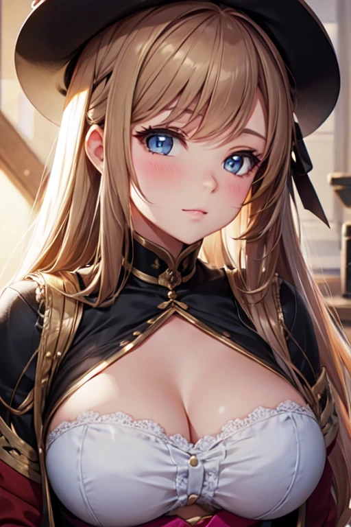 absurd, 8K, high resolution, ultra detailed, beautiful, masterpiece, best quality, very pretty woman, young, golden hair, blacksmith, hammer, freck, (very big breasts:1.4), (long hair:1.6), sweat, mass of clothes , detailed woman's face, very attractive, in the blacksmith, horse stablelane