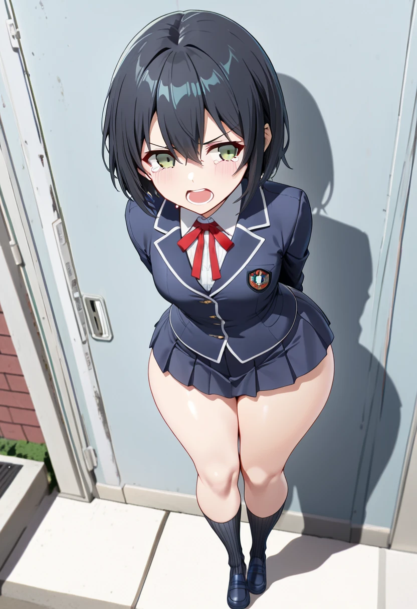 [[anime styled]],[[digitalart]],masterpiece,best quality,high resolution,Tomomi_Xijing,black hair,Short hair,Hair Ribbon,red eyes,midium build,(red ,winter clothes,long sleeves,long skirt),NSFW,1girl in,独奏,((standing)),(Portrait),pussy focus,from below,(short torso),Perfect Lighting,(skirt lift,up skirt),show off panites,((lite blue striped panties)),smile,blush,(underwear:1.2), (strong light),((brighten the subject)),spread legs, break background classroom,