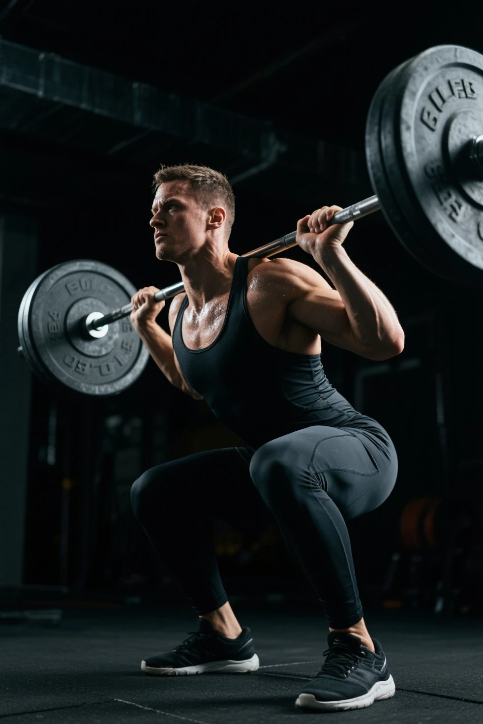 An image of Gym rat doing a heavy squat with the gym crowded in the background.,original,He looks russian with big musclea. Very ripped. Zero fat. , male