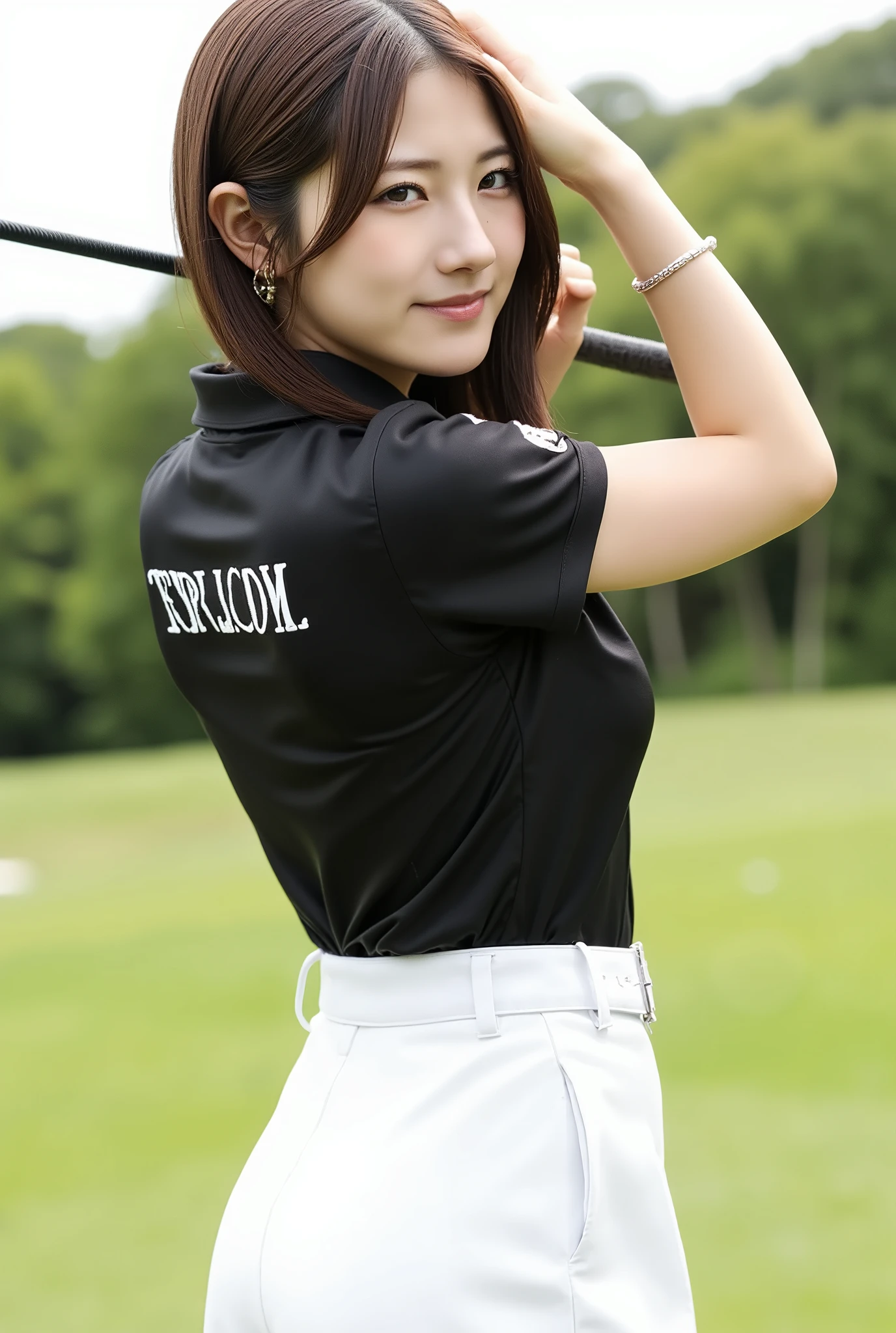 The most beautiful woman who works as a club hostess in Ginza、shiny brown hair、On holidays、On the golf course、and she wears a black polo shirt with a logo and a white miniskirt.。.、posing from behind、beautiful girl leaning forward、I like playing golf、 very seductive .。 She is full of confidence 々Smiled.、camera。 Her fashion and expression 、perfect balance between cuteness and elegance、 from a slightly lower point of view 、'Don'Don'hold onto.。Through this scene、 Standing on a street corner