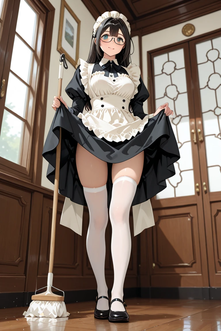 masterpiece, ultra detailed, 8k portrait, RAW photo, portrait photography, highly detailed face, beautiful and meticulous eyes, dark blue hair, long hair, blue eyes, slender, white hair ribbon, (dark blue French maid costume:1.5), white tights, half boots, spread legs, standing, (holding a giant sickle:1.5), by the old castle, in mid night, from below, (no panties:1.5), (realistic pussy:1.5), pubic hair,