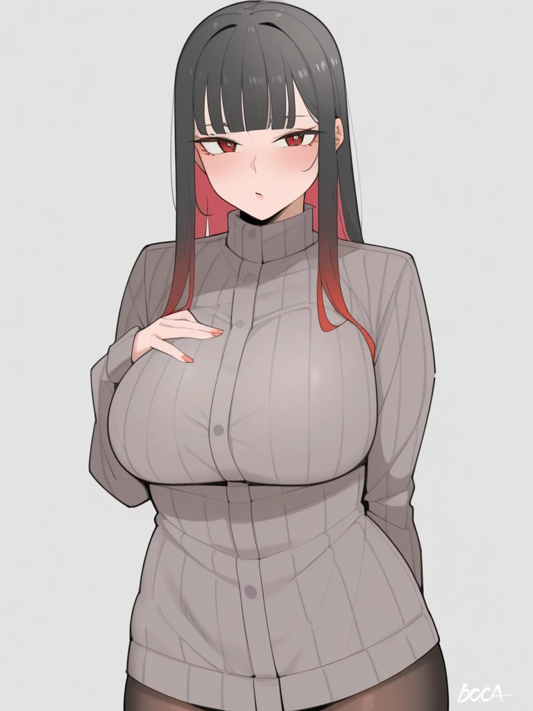 Looking into the camera、When I Look at You、lookatviewer、Anime Style、1 girl, (Huge breasts:1.2), (Black vertical sweater)、Low - Angle、Black-haired、blush, whole body,Round Breasts、smile、In the heat、(Sweat:1.5)、whole body
