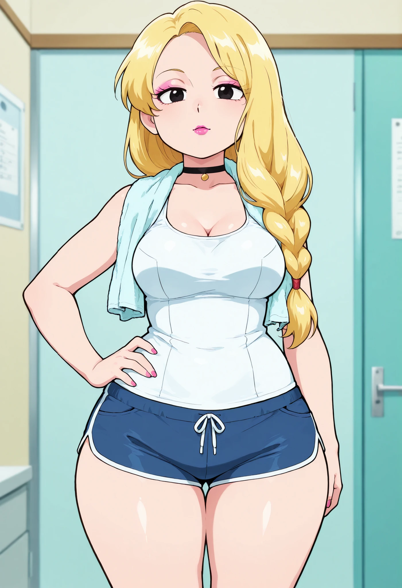 Francine Smith, looking at viewer, pink lipstick, choker, Blonde hair, medium breasts, huge hips. long hair. black eyes. | score_9, score_8_up, score_7_up, source_anime, anime screencap, ultra detailed, skin_detail, lustrous_skin, shorts, hand on hip, single braid, tank top, towel, towel around neck