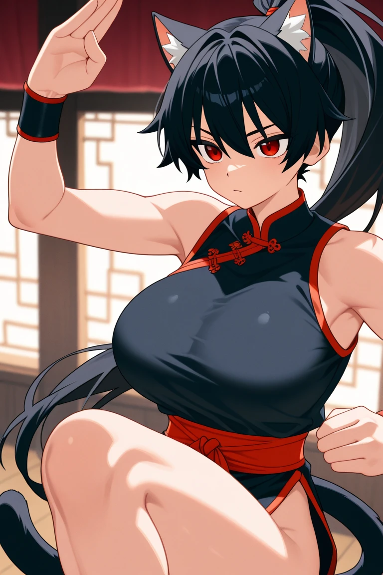 Super detailed illustrations、seductive smile、masterpiece、highest quality、ultra high resolution、high resolution、(Sweat、body fluid)、shiny skin、black hair、very short hair、color red eyes、red chinese dress、sleeveless、Standing picture、hot pants、put hands behind head, armpits, armpits visible, very large breasts, looking at viewer, cleavage