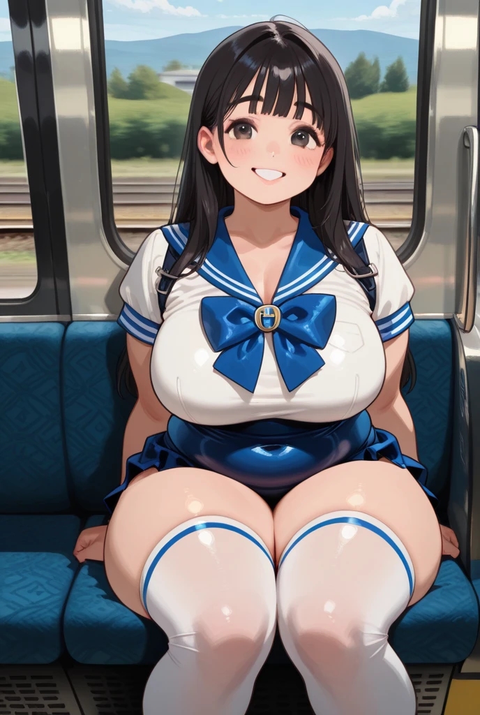 NSFW, cowgirl sex POV, beautiful young pussy, POV inserted penis vaginal sex, POV rape, She one legs up one legs down stands with her legs wide open and her hips thrust out, straddling your penis. A very close girl who hugs you and begs you to kiss her, from above, in the train car, You push the girl against the bed and insert your penis into the girl's pubic area, pressing hard against it, looking down at the girl standing in front of him, Your breasts grabed, (Masterpiece, Super photo realistic, Super details, Super Highest Quality, Super Highest Quality), super cute and beautiful girl, (Mysterious erotic atmosphere:1.3), You are a professional photographer Photographing my girlfriend, a porn model Take photos to create a sexy video, Very tanned skinned Japanese gal, For dark brown skin, Wearing gal make-up, False eyelashes, Pearl pink glossy lips, Unbuttoned white shirt, mini school skirt, (kawaii erotic girl:1.3), (Very Pussy covered with love juice:1.3), beautiful young pussy focus, (Hairstyles with inner curls), (yellow eyes:1.4), big round chest, (POV grab hands:1.3), (Wider at the hem flabby large in size Super Loose Socks:1.4), loafer, (An innocent 16-year-old cute Japanese girl:1.4), (skin fang:1.4), Very happy smile, Extremely Realistic, open mouth, (orgsming face:1.4), half close eyes, blue plaid skirt girls,score_9, ,Expressiveh, Japanese Girl - SDXL, Big round breasts, slim waist, open front shirt, Moving the penis in and out of the vagina, Swaying Breasts, No panties, (a girls tanned skins:1.4), slim beautiful legs, a girls incoming hug hands, incoming kiss, hose ear, Yellow eyes with black pupils, umamusume, Matikane Tannhauser outfit mini cap, blue dress, torogao, big eyes, open mouth evil smile, TAN TAN